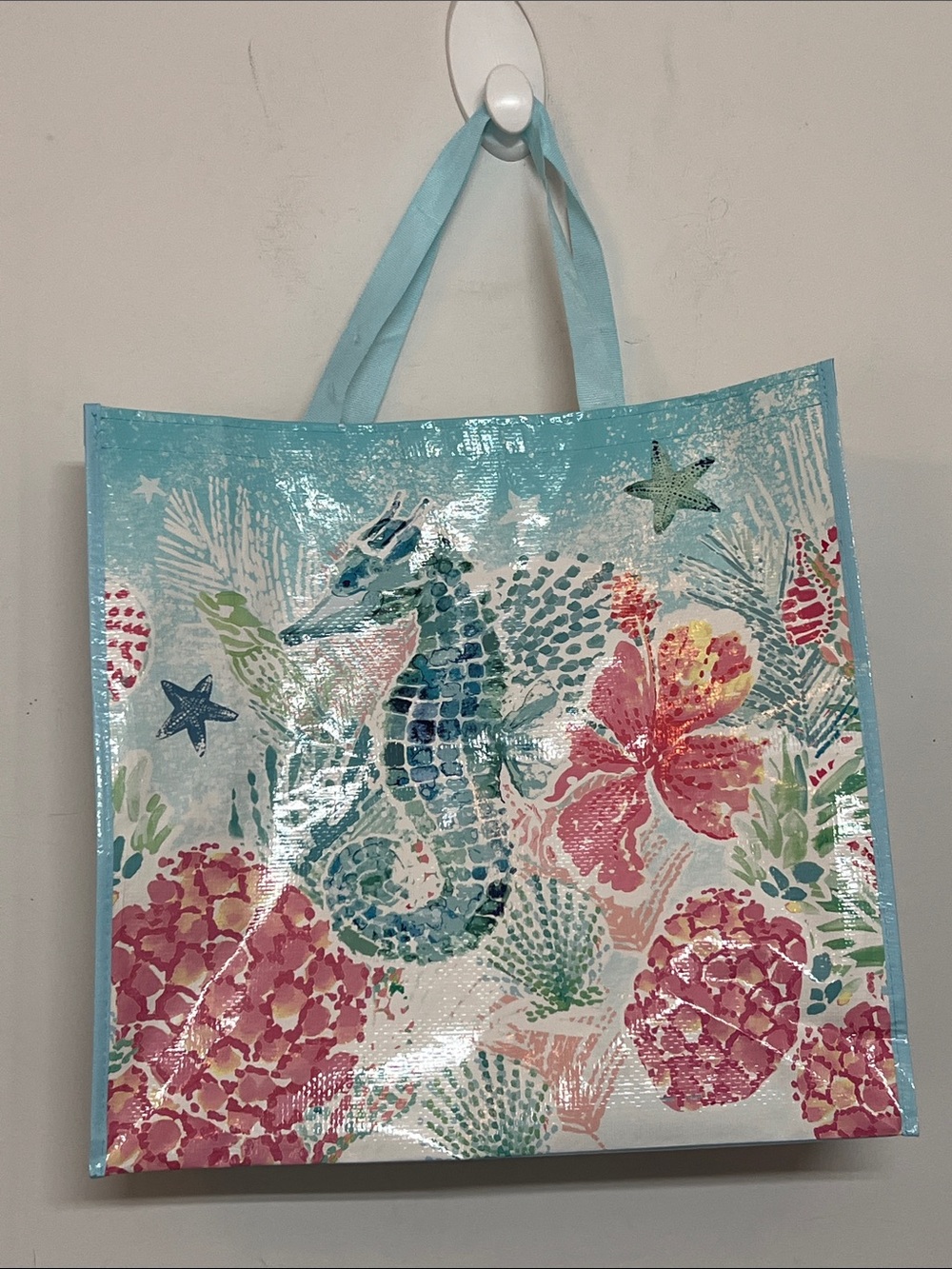 🌞 Bealls Beachy Seahorse Tote Bag Light Teal Reusable Tote Bag Recycle Emblem
